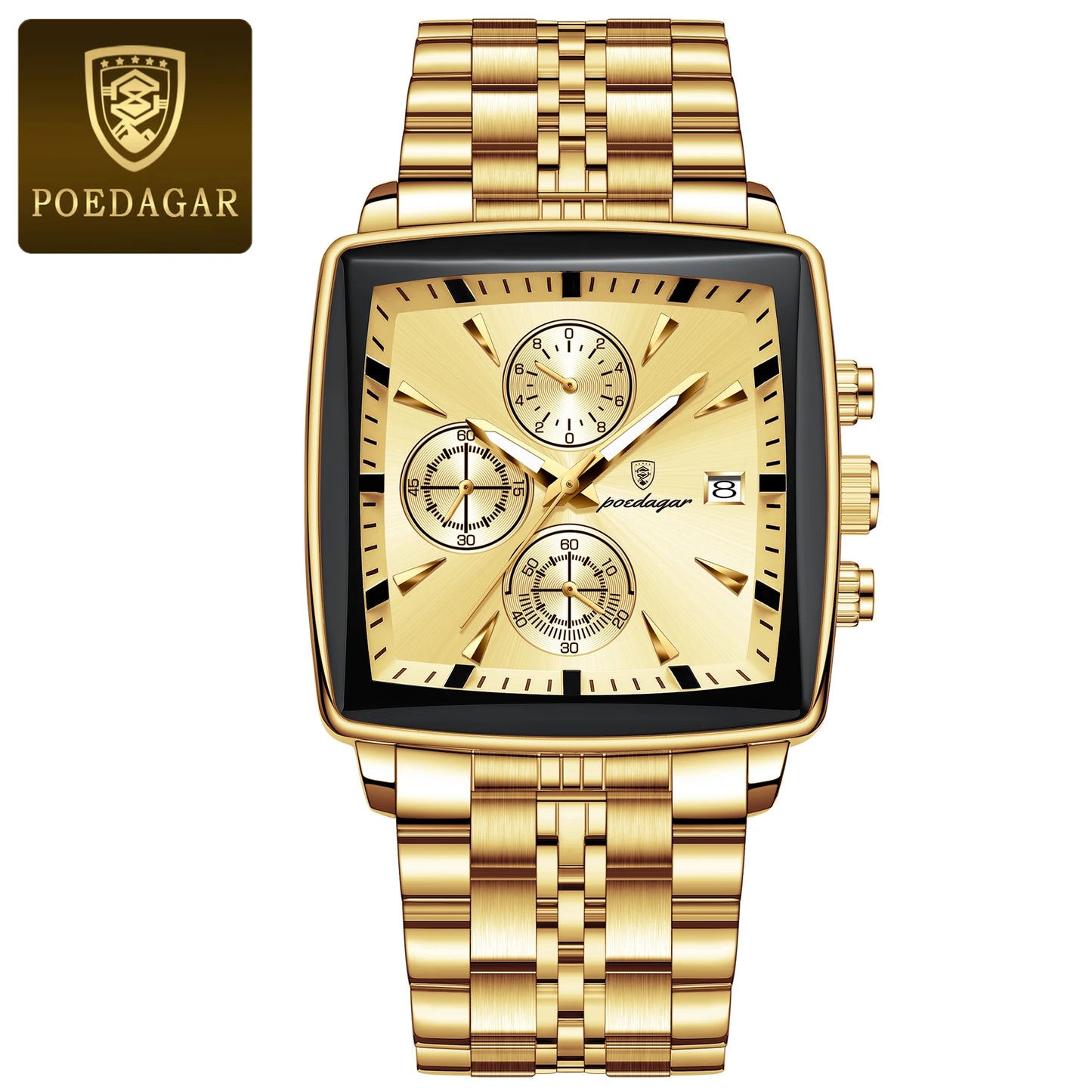 POEDAGAR Men's Business Waterproof Square Luminous Chronograph Watch Stainless Steel