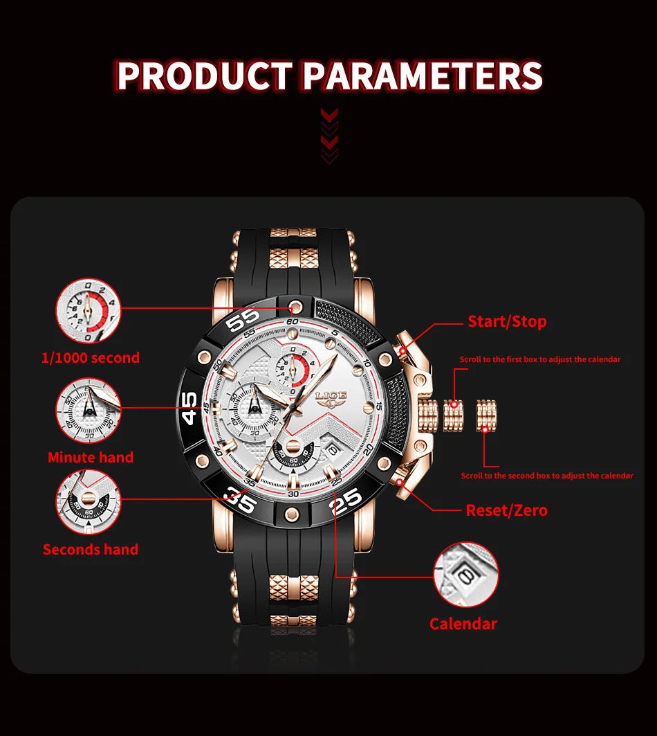 LIGE Men's Silicone Strap Military Sport Watch Waterproof Chronograph