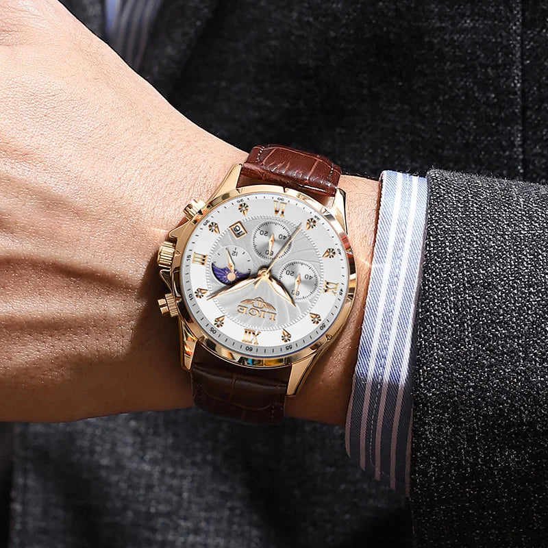 LIGE Men's Luxury Leather Casual Business Watch Waterproof Luminous