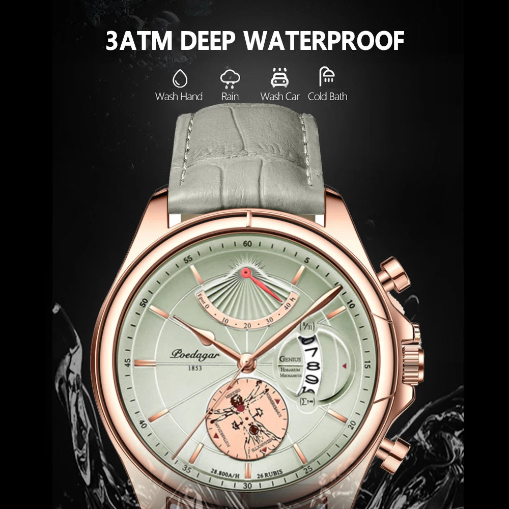 POEDAGAR Men's Luxury Business Leather Wristwatch Waterproof Luminous