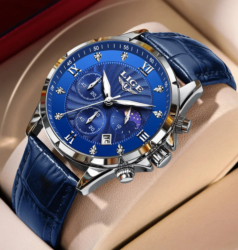 LIGE Men's Luxury Leather Casual Business Watch Waterproof Luminous