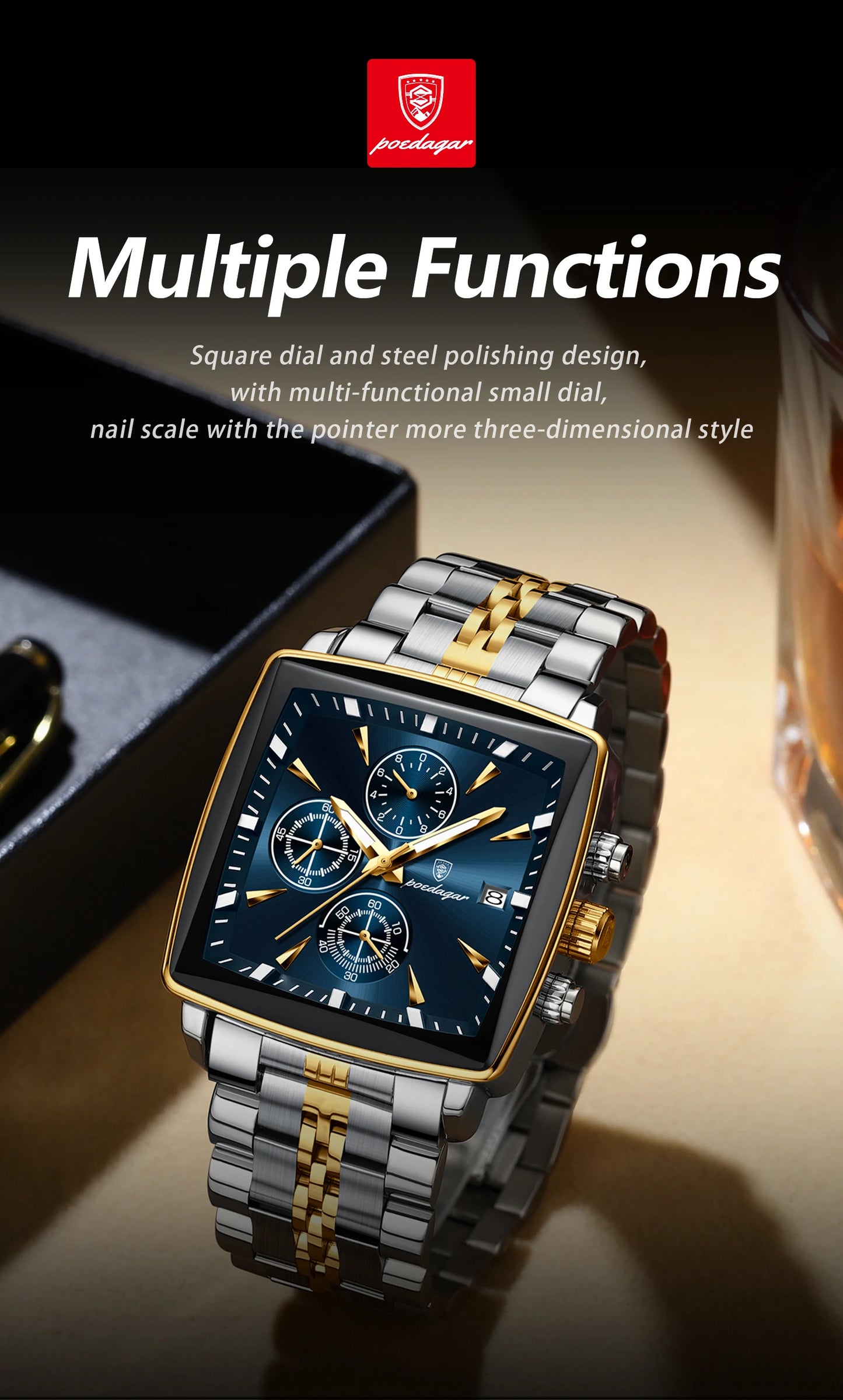 POEDAGAR Men's Luminous Waterproof Square Face Chronograph Stainless Steel Wristwatch