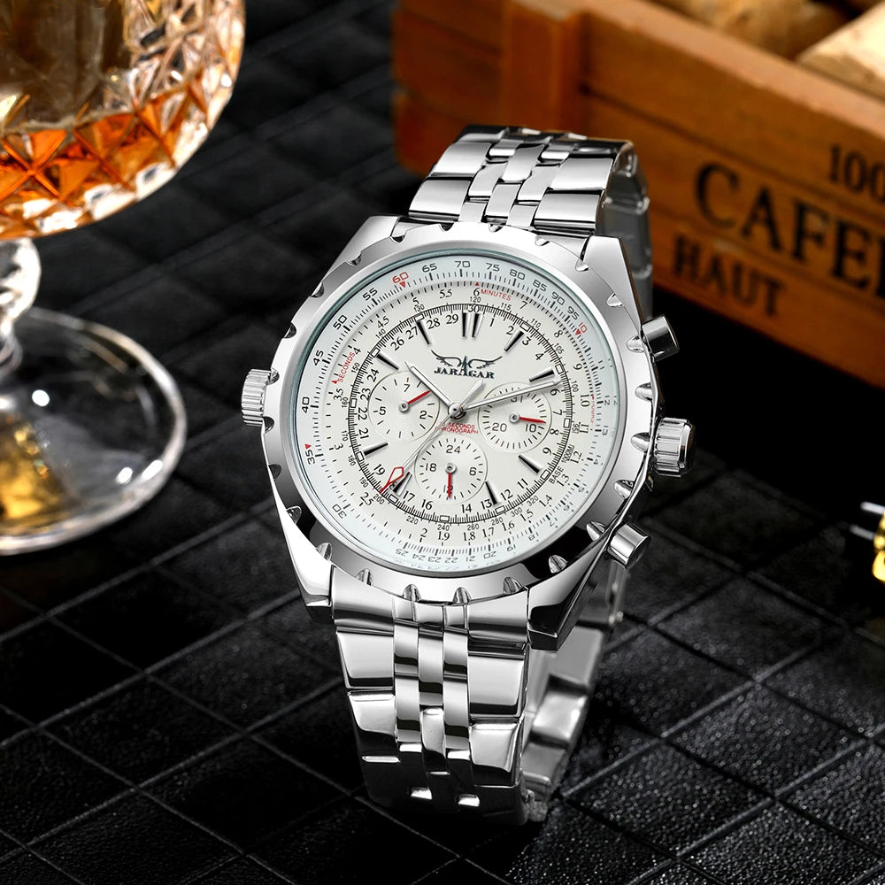 JARAGAR Men's Military Luxury Sport Watch Brand with Silver Stainless Steel Strap