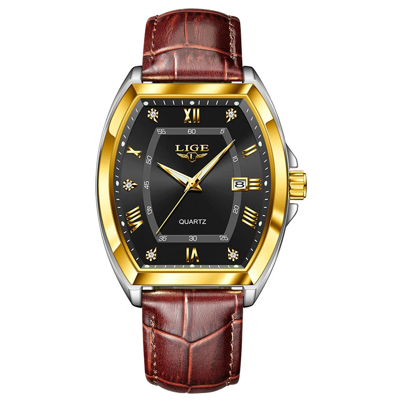 LIGE Men's Luxury Diamond Dial Leather Watch Waterproof Luminous