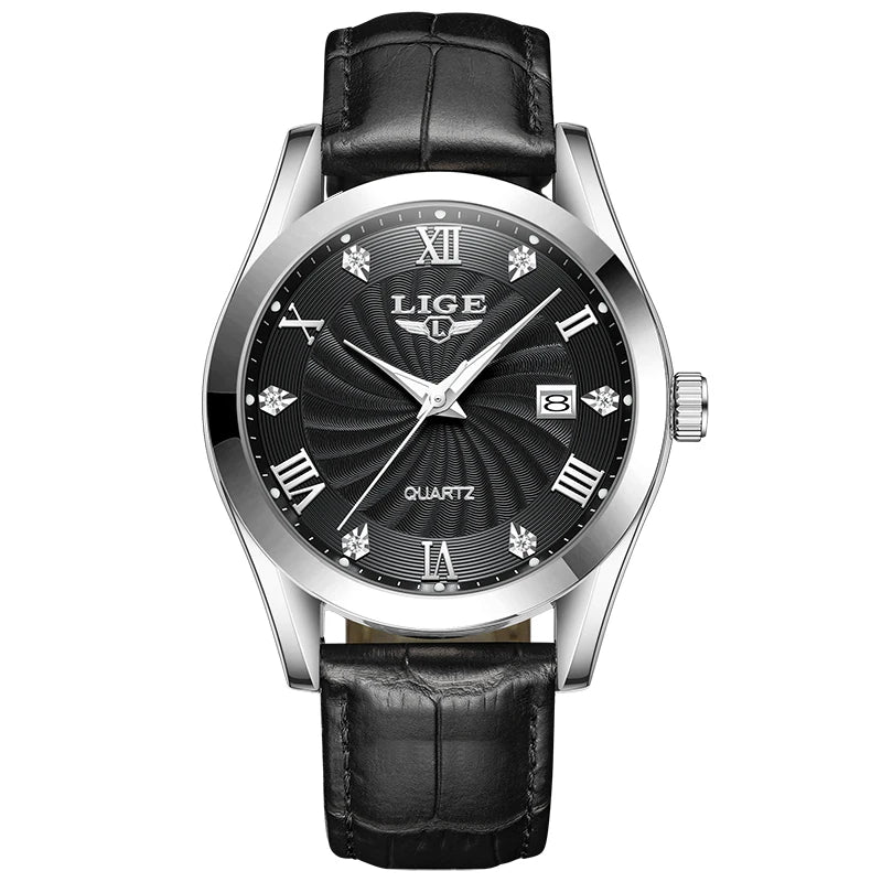 LIGE Men's Luxury Leather Sports Watch Waterproof Luminous