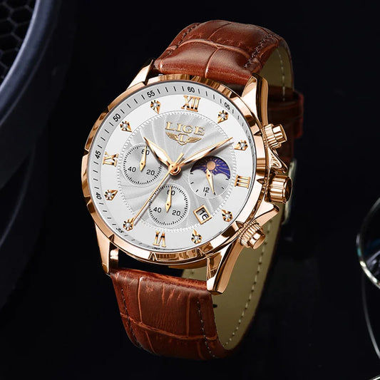 LIGE Men's Luxury Leather Casual Business Watch Waterproof Luminous