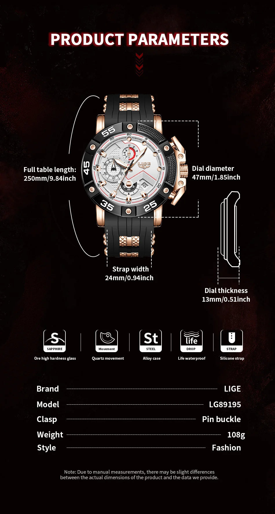 LIGE Men's Silicone Strap Military Sport Watch Waterproof Chronograph