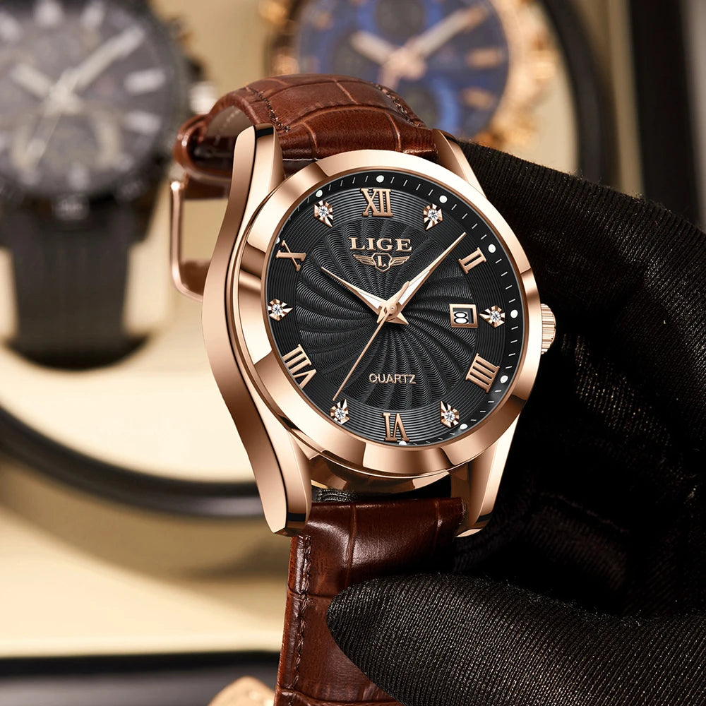 LIGE Men's Luxury Leather Sports Watch Waterproof Luminous