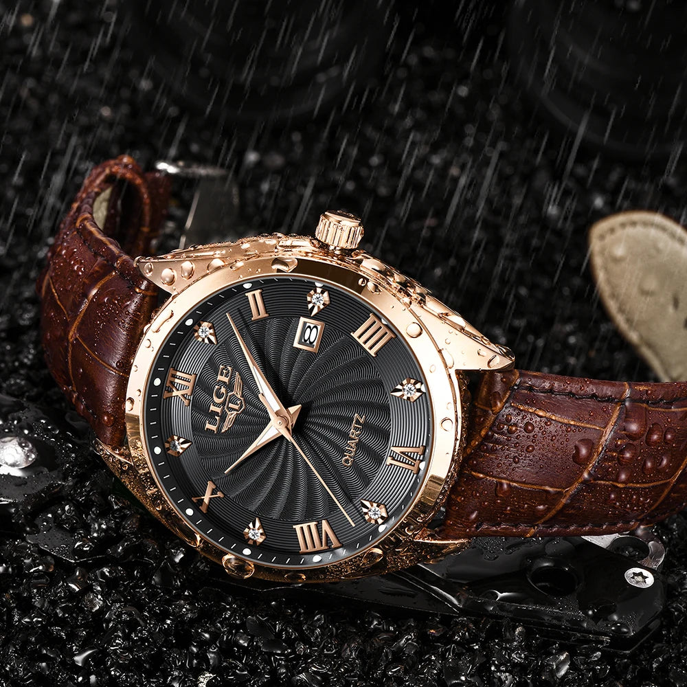 LIGE Men's Luxury Leather Sports Watch Waterproof Luminous