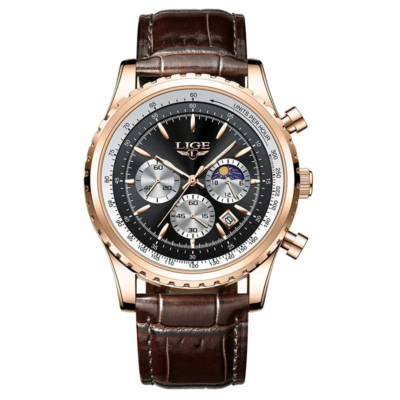 LIGE Men's Luxury Leather and Waterproof Wrist Watch