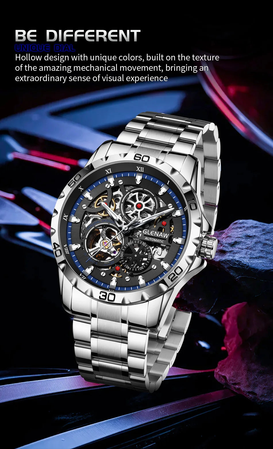 GLENAW Men's Steampunk Skeleton Waterproof Watch Luminous Stainless Steel Strap