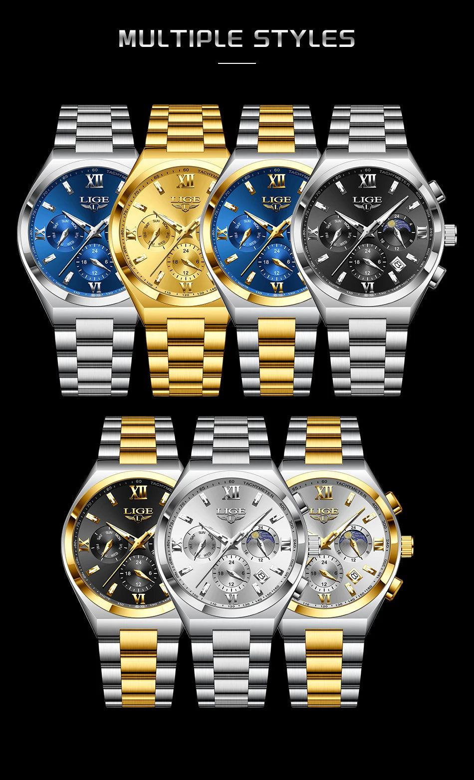 LIGE Original Men's Stainless Steel Sport Watch Waterproof Luminous