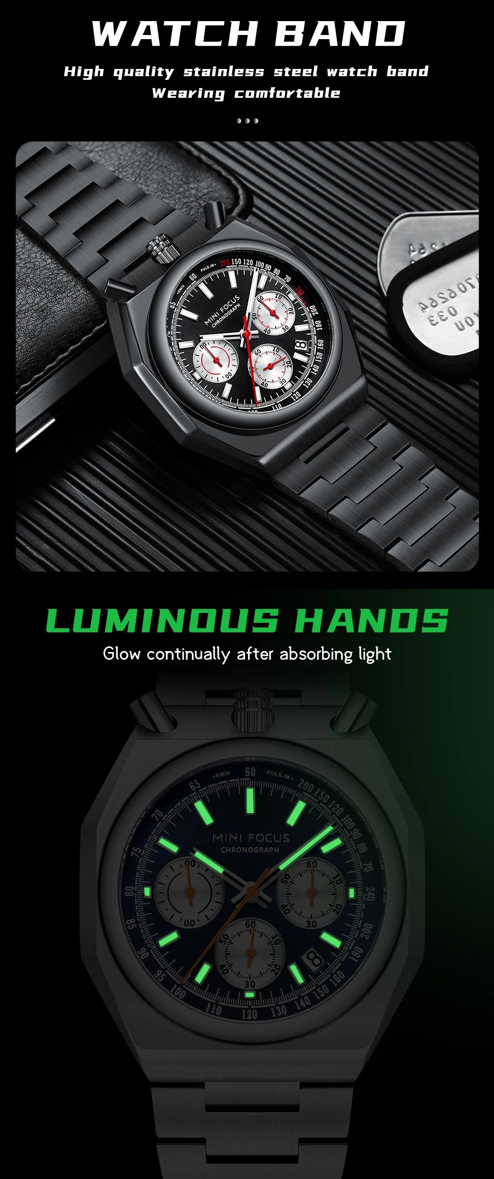 MINI FOCUS Men's Multifunctional Bull Head Quartz Watch Luminous with Stainless Steel Strap