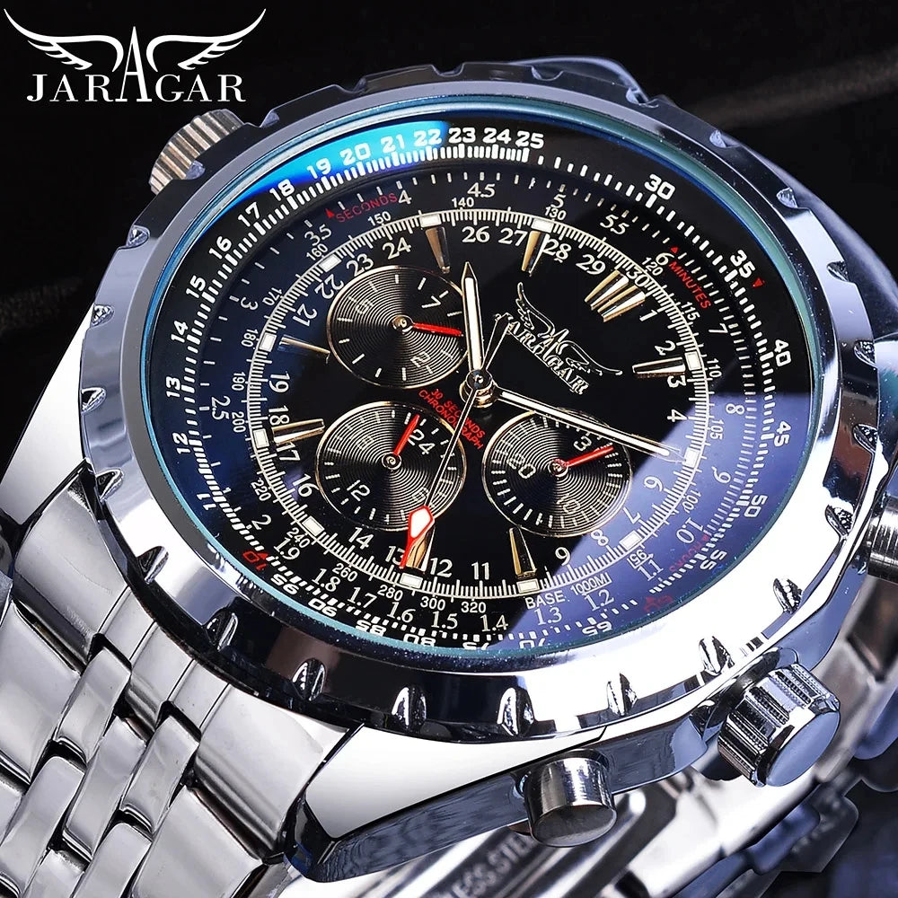 JARAGAR Men's Military Luxury Sport Watch Brand with Silver Stainless Steel Strap