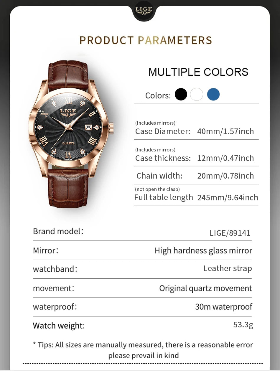 LIGE Men's Luxury Leather Sports Watch Waterproof Luminous