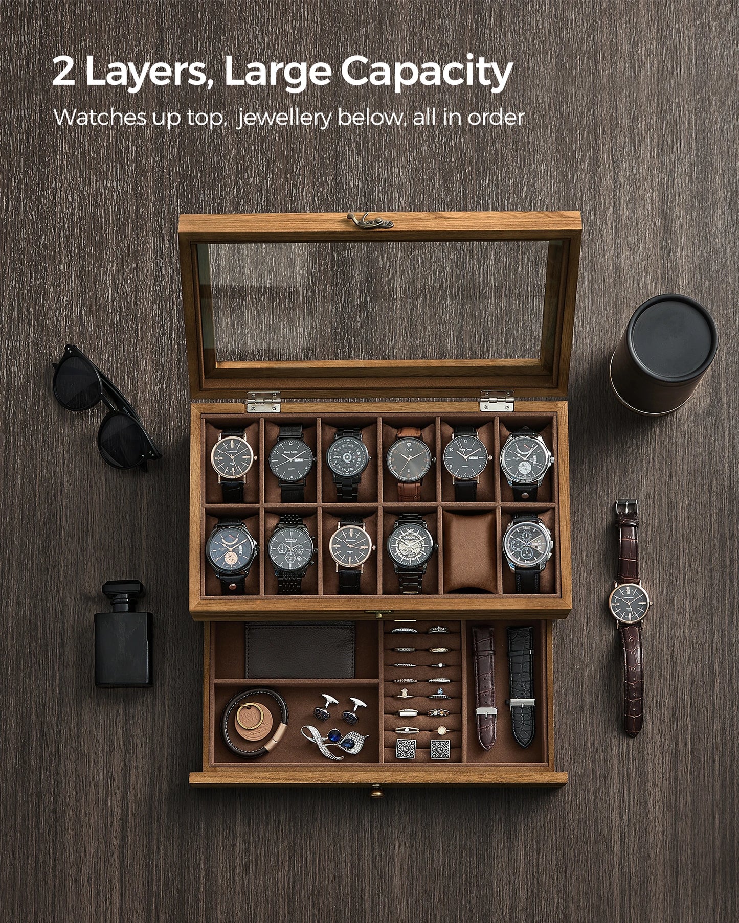 SONGMICS 12-Slot Watch Box, 2-Tier Watch Display Case with Large Glass Lid and Removable Watch Pillows | Velvet Lining | Accessory Box