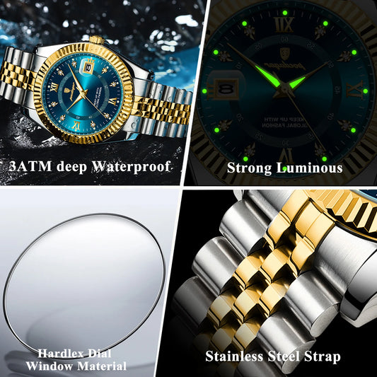 POEDAGAR Men's Stainless Steel Luxury Sport Wrist Watch Waterproof Luminous