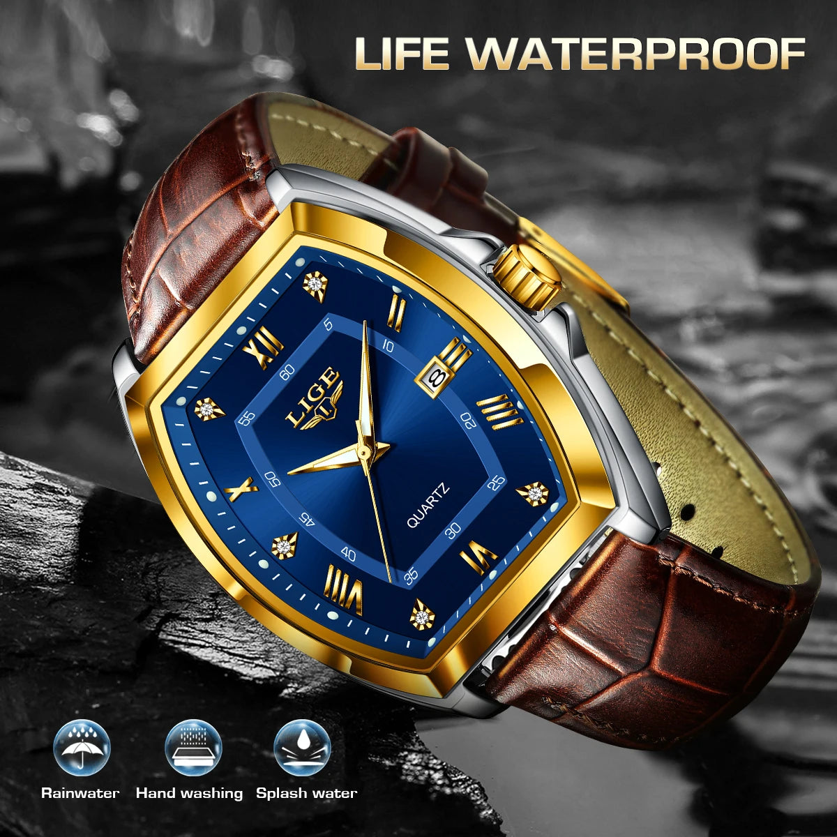 LIGE Men's Luxury Diamond Dial Leather Watch Waterproof Luminous