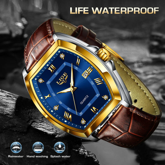 LIGE Men's Luxury Diamond Dial Leather Watch Waterproof Luminous