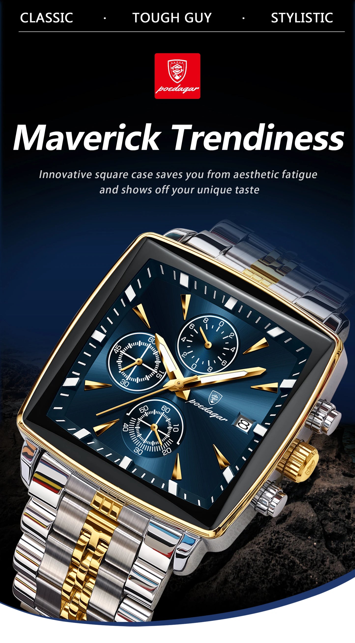 POEDAGAR Men's Luminous Waterproof Square Face Chronograph Stainless Steel Wristwatch