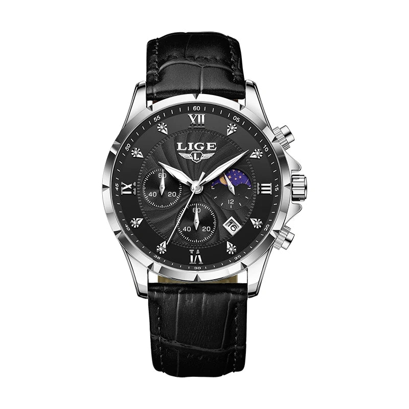 LIGE Men's Luxury Leather Casual Business Watch Waterproof Luminous
