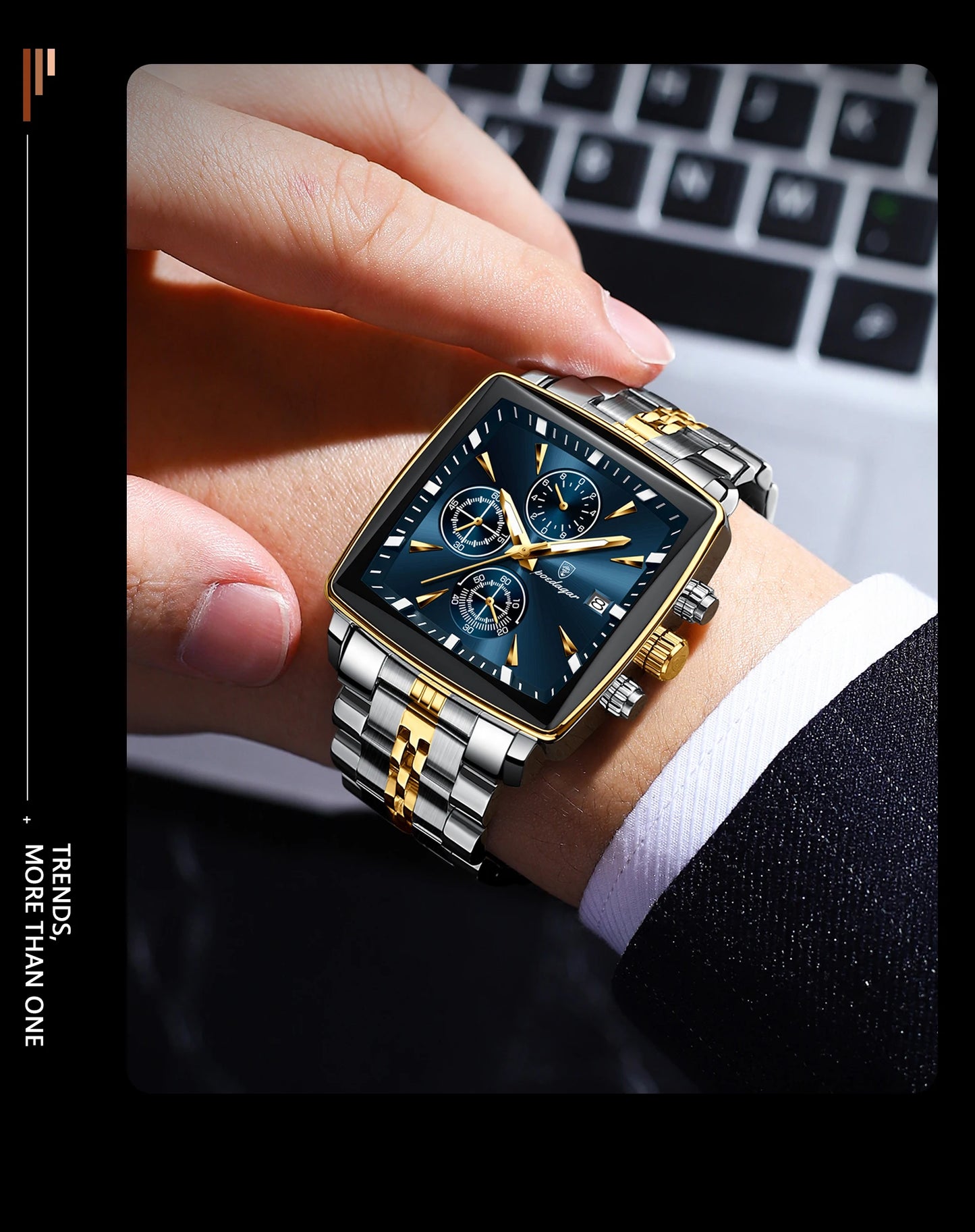 POEDAGAR Men's Luminous Waterproof Square Face Chronograph Stainless Steel Wristwatch