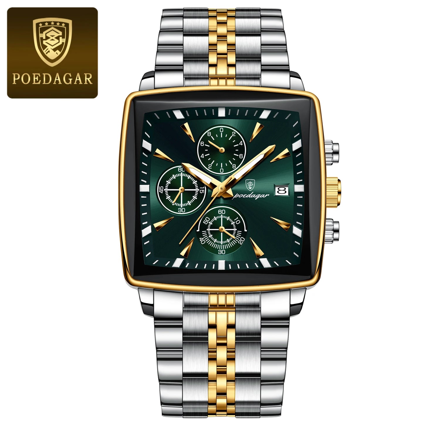 POEDAGAR Men's Luminous Waterproof Square Face Chronograph Stainless Steel Wristwatch