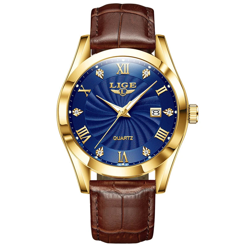 LIGE Men's Luxury Leather Sports Watch Waterproof Luminous