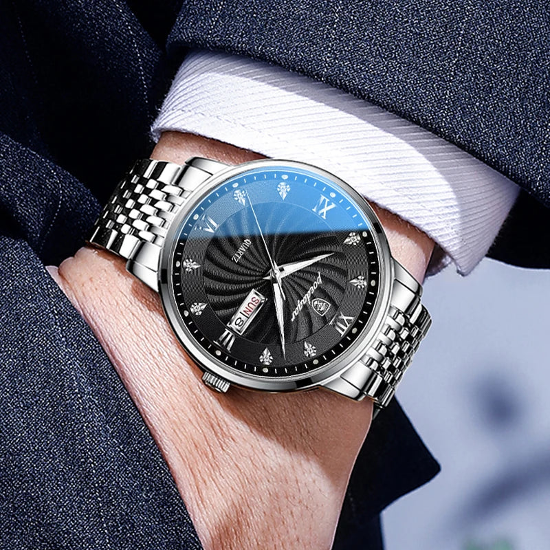 POEDAGAR Luxury Men's Quartz Stainless Steel Watch Waterproof Luminous Date