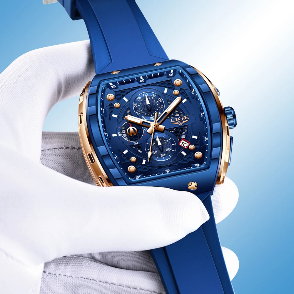LIGE Men's Luxury Square Military Watch Silicone Waterproof