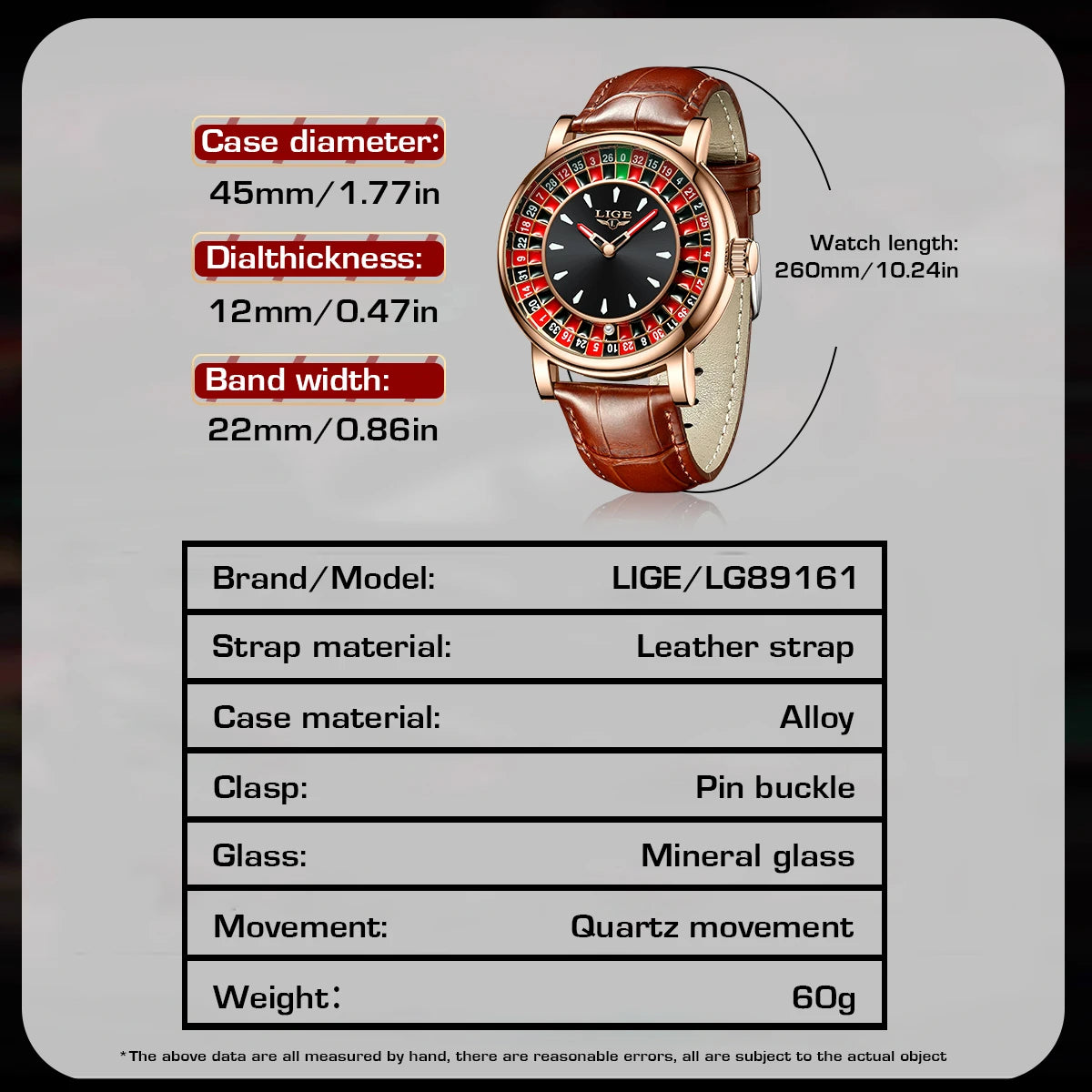 LIGE Men's Fashion Brown/Black Leather Watch Rotating Dial Las Vegas Roulette Waterproof