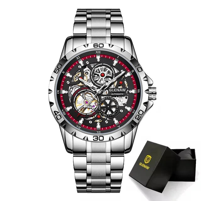 GLENAW Men's Steampunk Skeleton Waterproof Watch Luminous Stainless Steel Strap