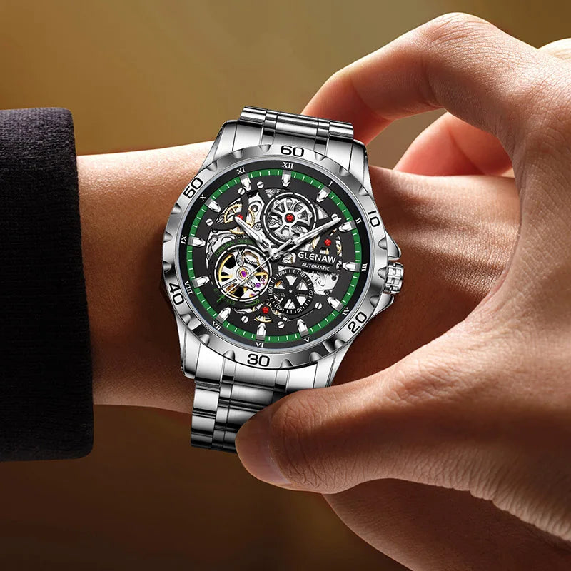 GLENAW Men's Steampunk Skeleton Waterproof Watch Luminous Stainless Steel Strap