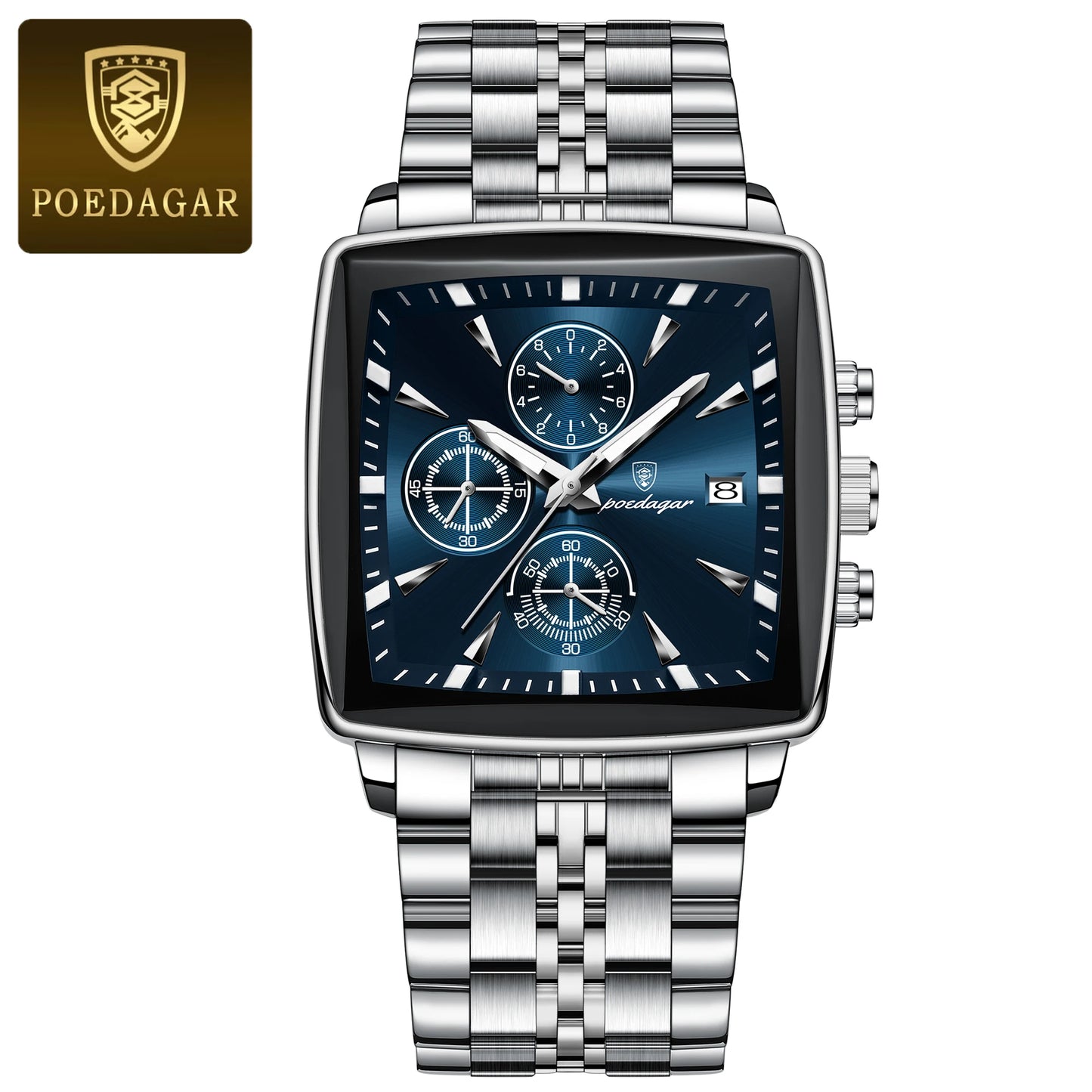 POEDAGAR Men's Business Waterproof Square Luminous Chronograph Watch Stainless Steel