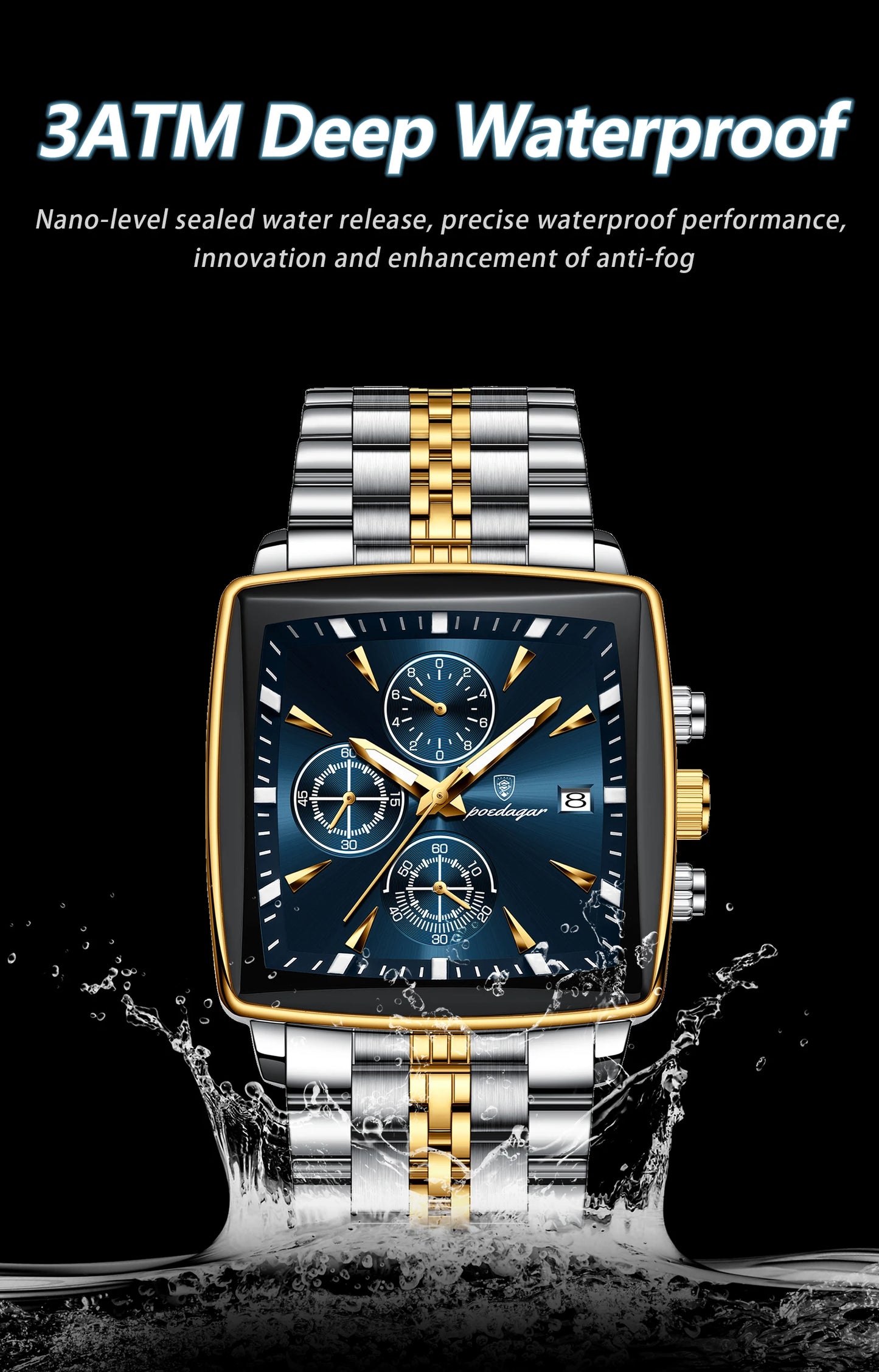 POEDAGAR Men's Luminous Waterproof Square Face Chronograph Stainless Steel Wristwatch