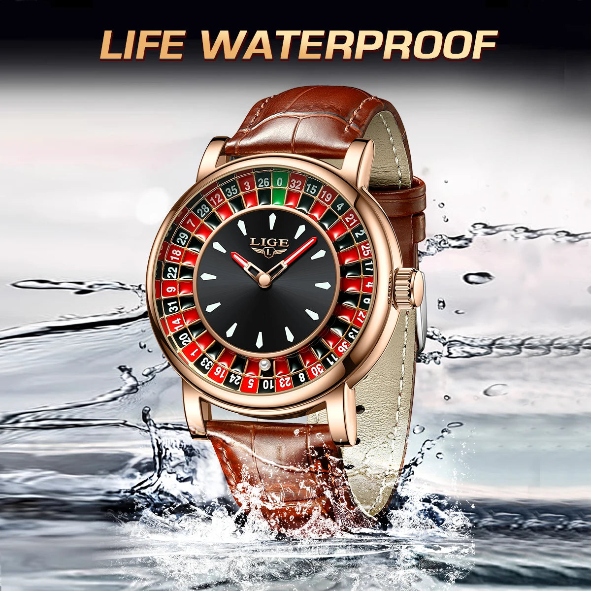LIGE Men's Fashion Brown/Black Leather Watch Rotating Dial Las Vegas Roulette Waterproof