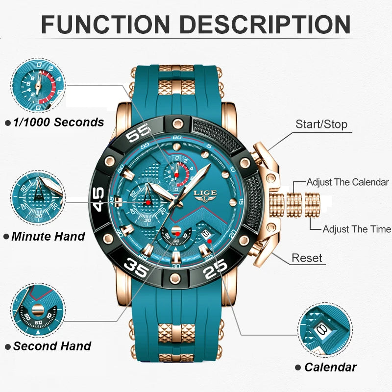 LIGE Men's Military Sports Watch with Silicone Strap Waterproof