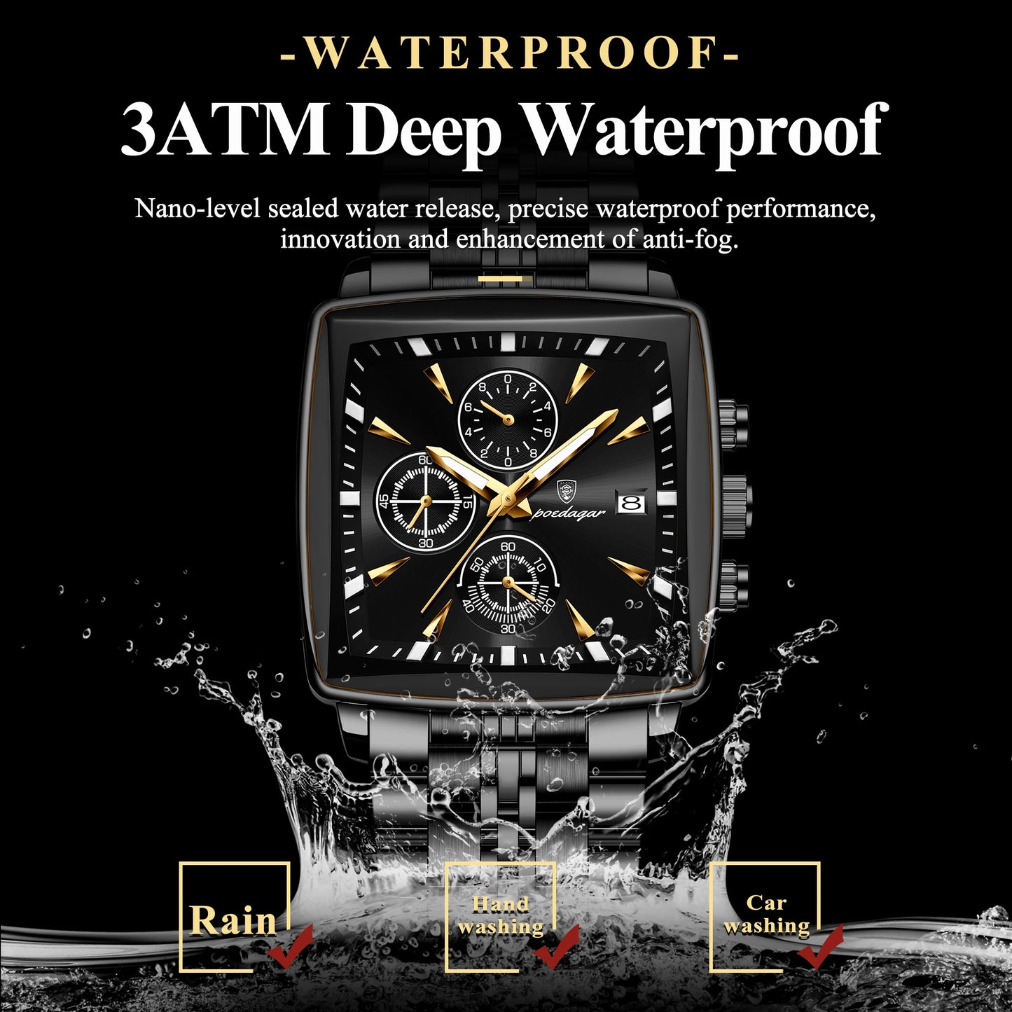 POEDAGAR Men's Business Waterproof Square Luminous Chronograph Watch Stainless Steel