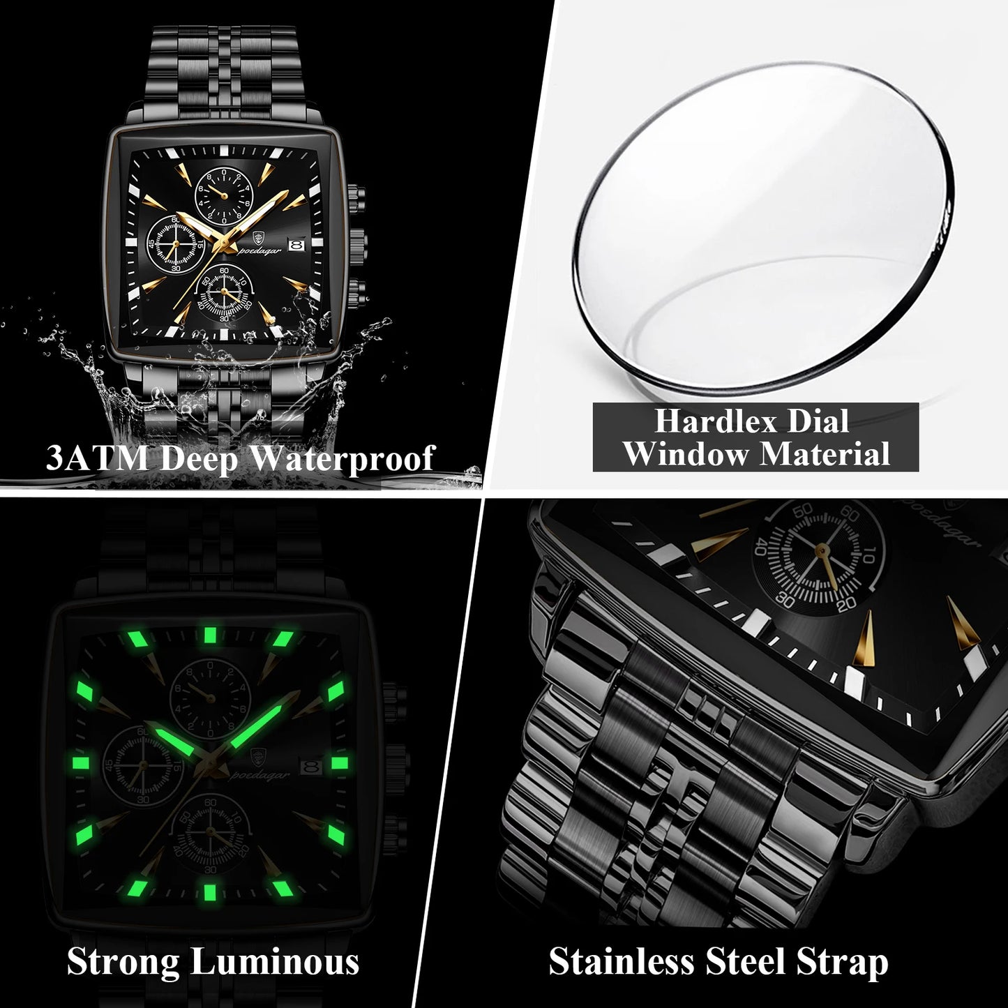 POEDAGAR Men's Business Waterproof Square Luminous Chronograph Watch Stainless Steel