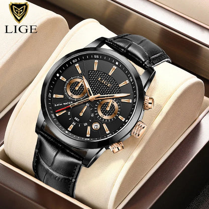 LIGE Men's Leather Luxury Sports Watch Waterproof