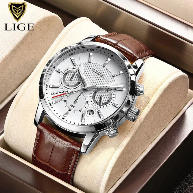 LIGE Men's Leather Luxury Sports Watch Waterproof