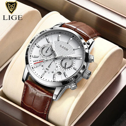 LIGE Men's Leather Luxury Sports Watch Waterproof