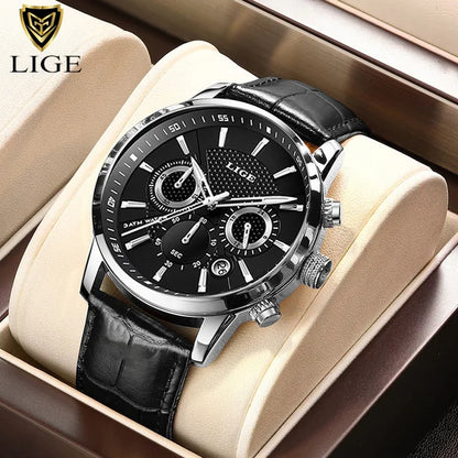 LIGE Men's Leather Luxury Sports Watch Waterproof