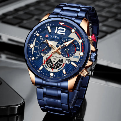CURREN Men's Stainless Steel Sport Watch Chronograph with Luminous Dial