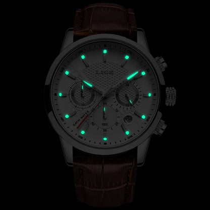 LIGE Men's Leather Luxury Sports Watch Waterproof