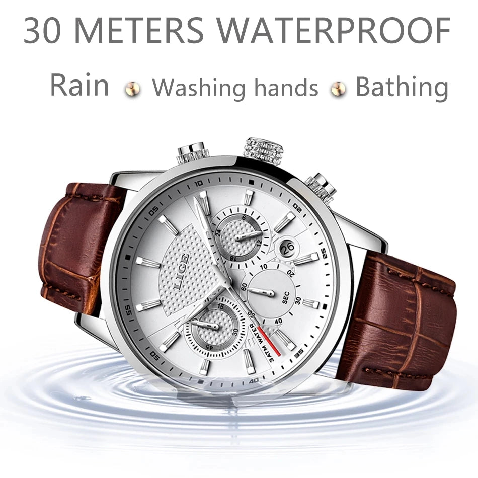 LIGE Men's Leather Luxury Sports Watch Waterproof