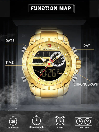 NAVIFORCE Men's Luxury Military Sport Steel Wrist Watch Waterproof Dual Display