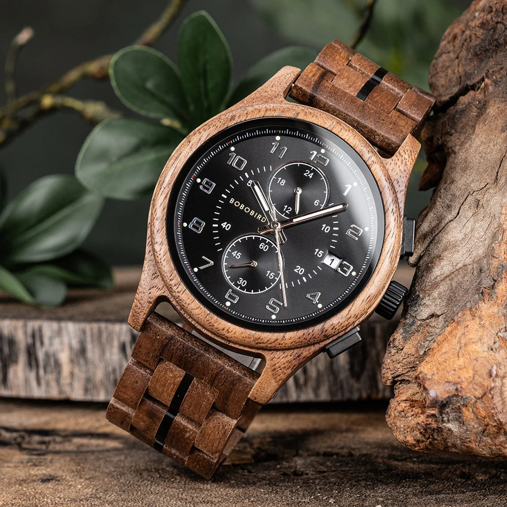 BOBO BIRD Engraved Custom Men's Wooden Chronograph Wristwatch