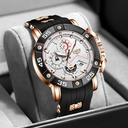 LIGE Men's Silicone Strap Military Sport Watch Waterproof Chronograph