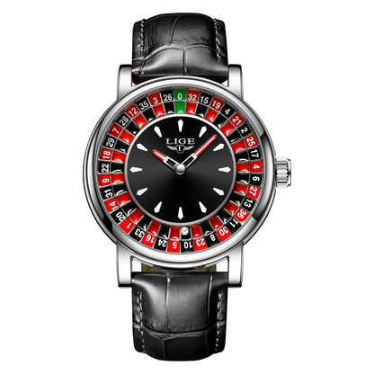 LIGE Men's Fashion Brown/Black Leather Watch Rotating Dial Las Vegas Roulette Waterproof
